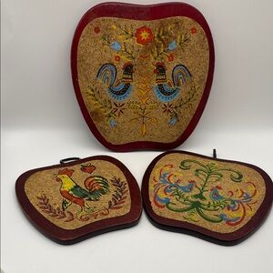 Vintage, Set of 3, PA Dutch Style, Wood & Cork Trivets,  Apple/Rooster Design
